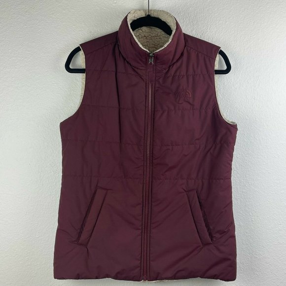 The North Face Vest Women's S Reversible Puffer Sherpa Fleece Full Zip Red White - Picture 1 of 11